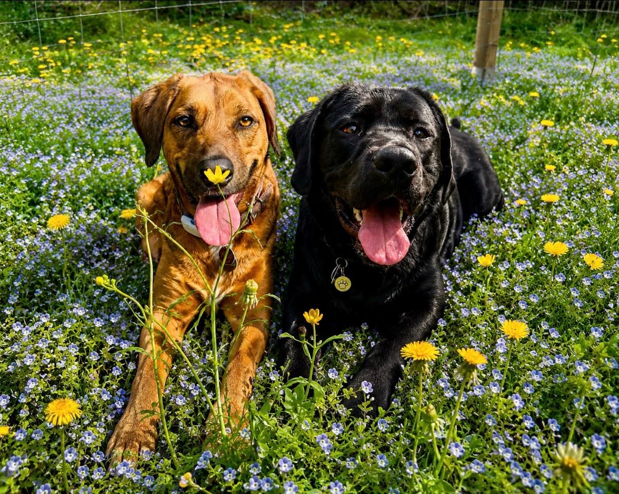 Zwei Hunde bei der Tierheilpraktikerin in München, glücklich auf einer Blumenwiese
